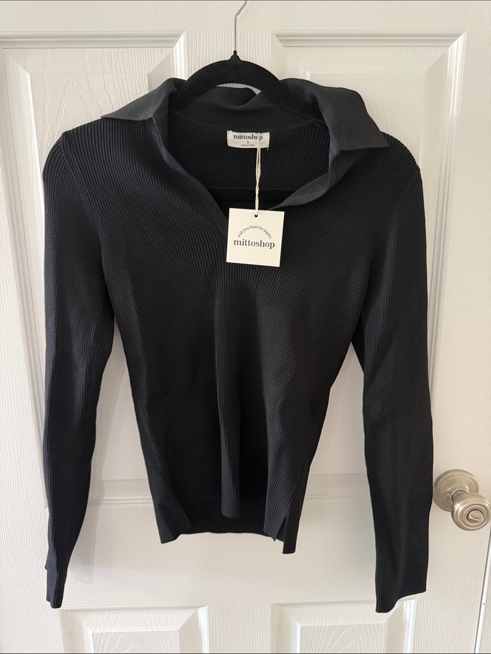 NWT mittoshop Black Ribbed Polo-Style Long Sleeve Top Size S